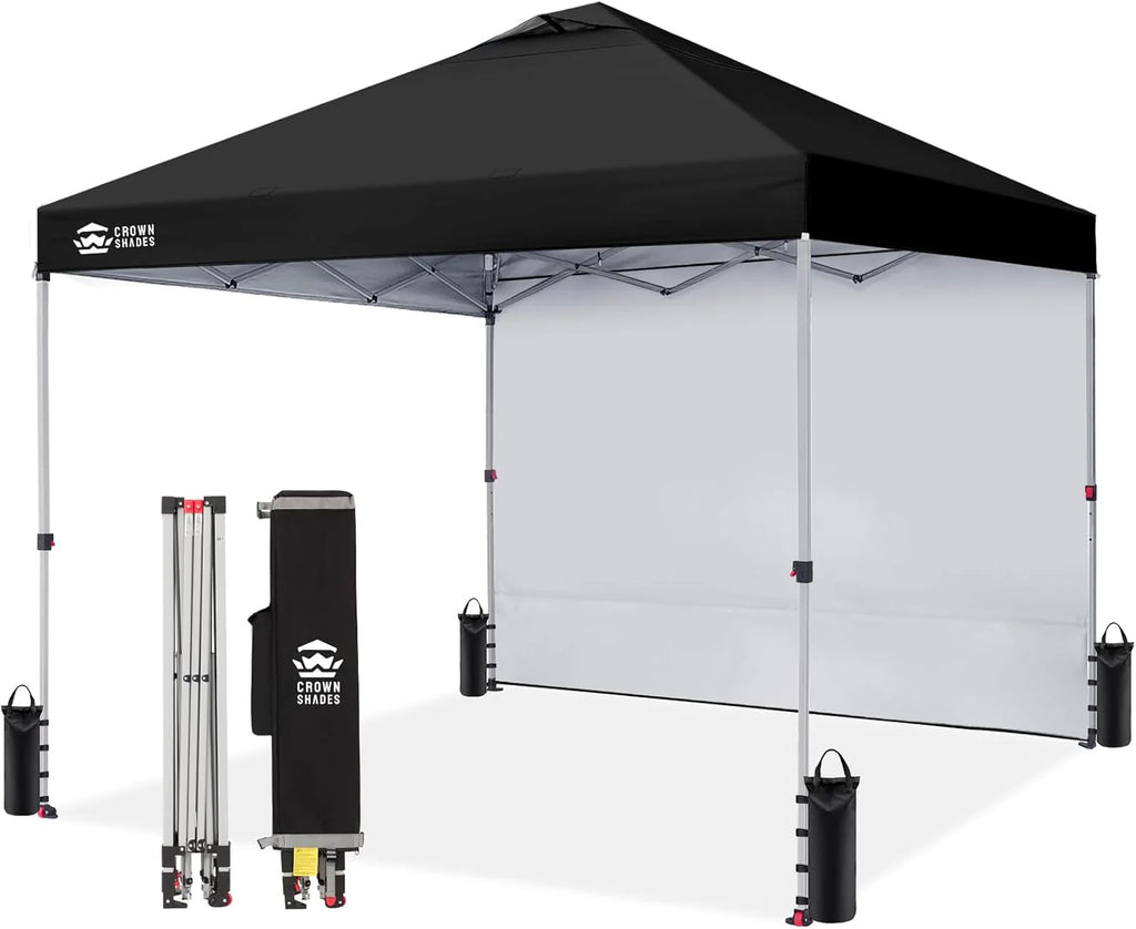 CROWN SHADES 10x10 Pop Up Canopy with 1 Side Wall - Beach Tent with One Push Setup - Outdoor Sun Shade for Events, Parties, Camping - Gazebo with STO-N-Go Cover Bag (White)