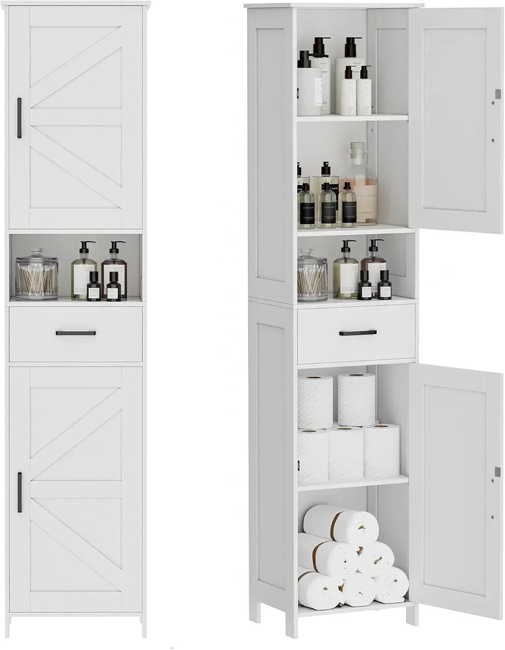 Homhedy 67 H Tall Bathroom Storage Cabinet with 2 Barn Doors and 1 Drawer Narrow Storage Unit