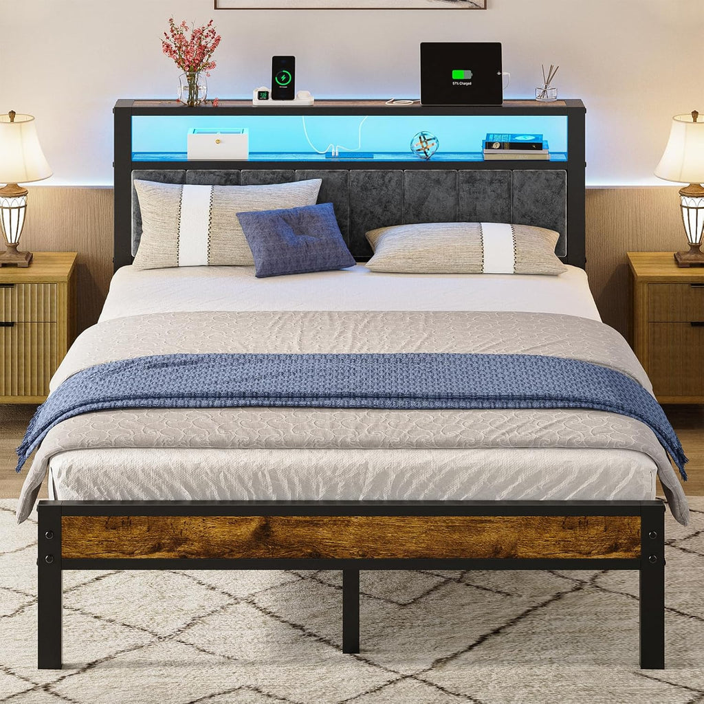 Queen Size Bed Frame with 2-Tier Storage Shelves Headboard Platform Bed Charging Station