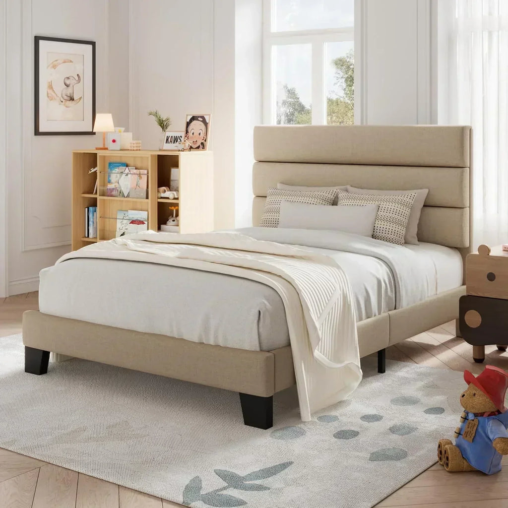 Allewie Queen Size Platform Bed Frame with Fabric Upholstered Headboard Wooden Slats Support