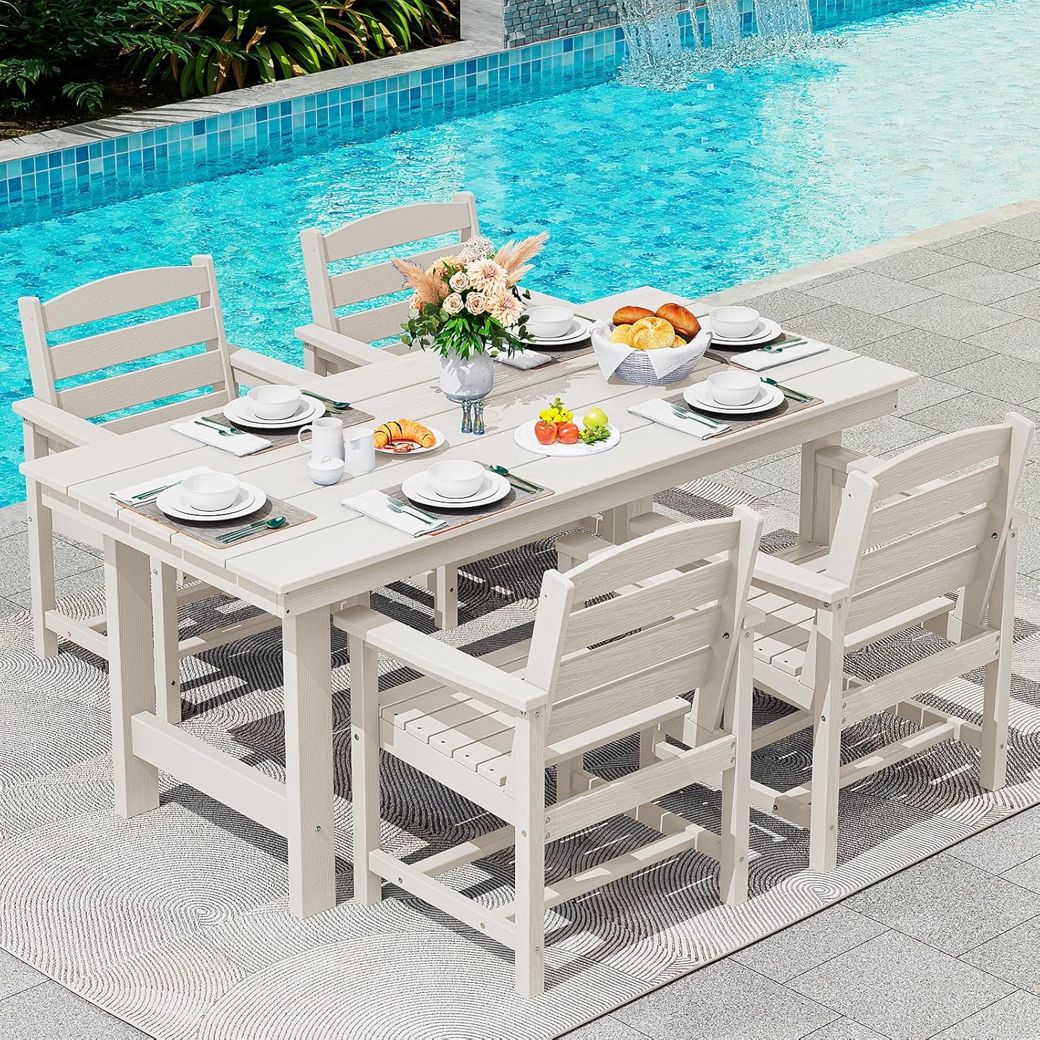 SERWALL Outdoor HDPE Dining Table Set 7 Piece Outdoor Dining Table Sets