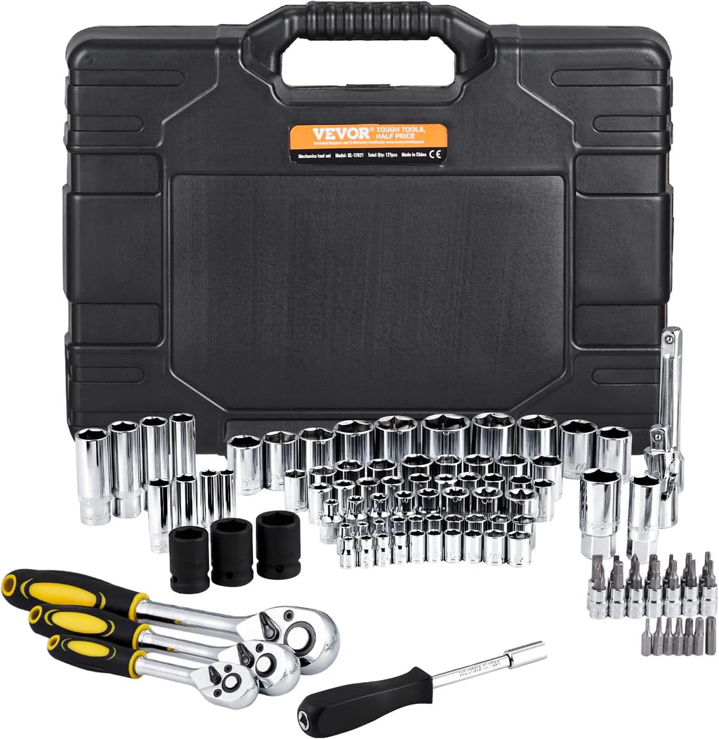 VEVOR Mechanics Tool Set and Socket Set Drive Deep and Standard Sockets Metric Mechanic Tool Kit