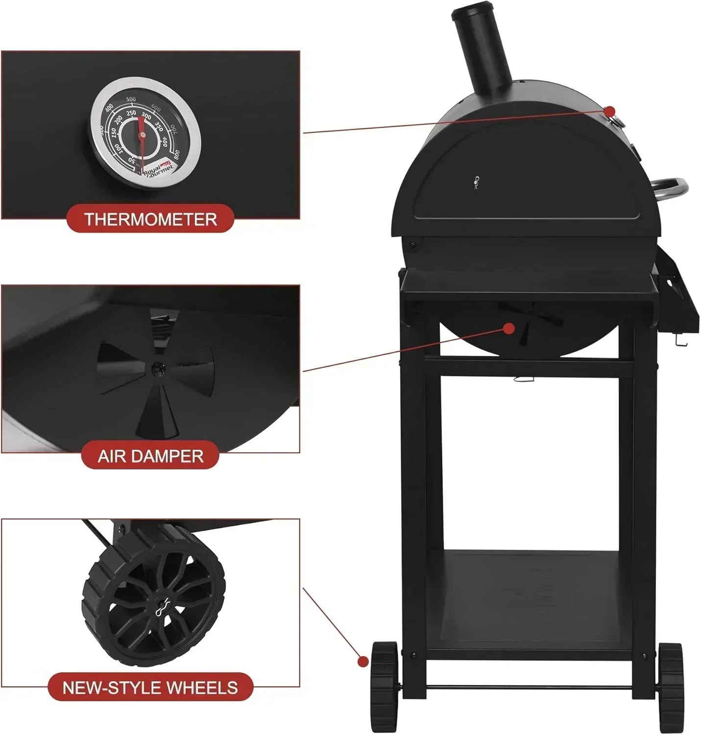 Royal Gourmet CC1830T 30-Inch Barrel Charcoal Grill Warming Rack Front Storage Basket BBQ Grill