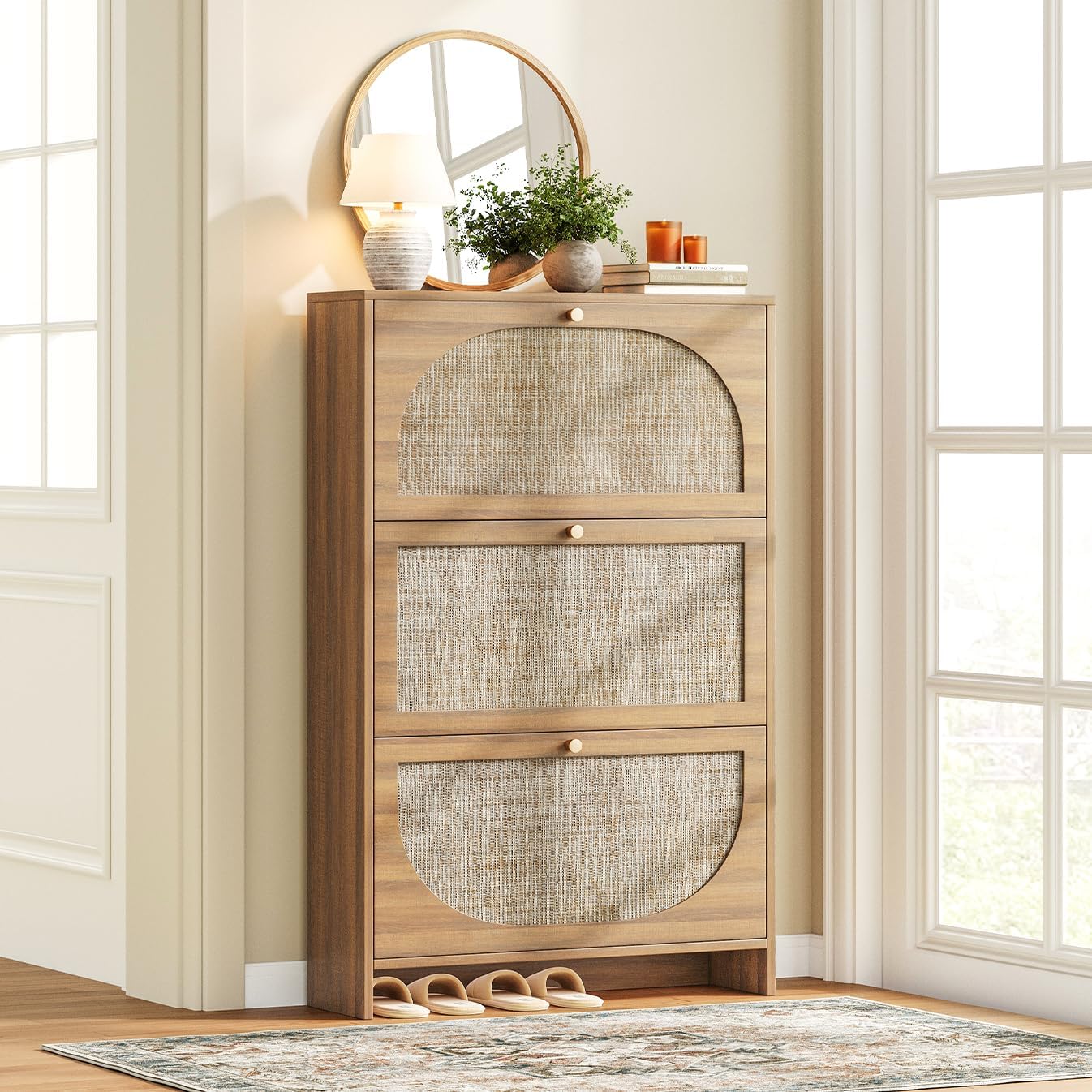 Nicetree Freestanding Ultra Slim Arched Rattan Accent Shoe Storage  Modern Rustic Shoe Rack